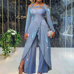 3XL - Long-Sleeve Cold-Shoulder Glitter Asymmetrical Jumpsuit