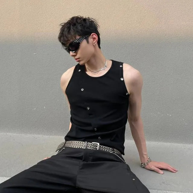 Round Neck Plain Panel Button Tank Top