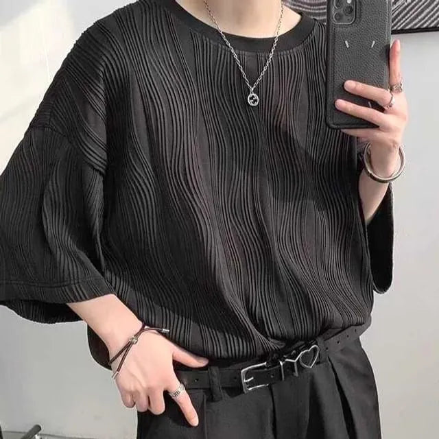 3/4-Sleeve Crew Neck Plain Textured T-Shirt