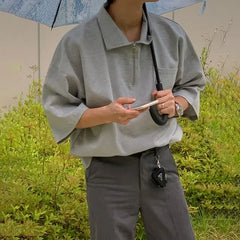 Elbow-Sleeve Half-Zip Plain T-Shirt
