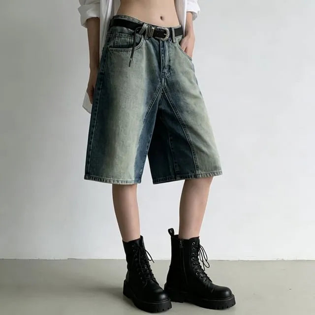 High Waist Washed Wide Leg Denim Shorts