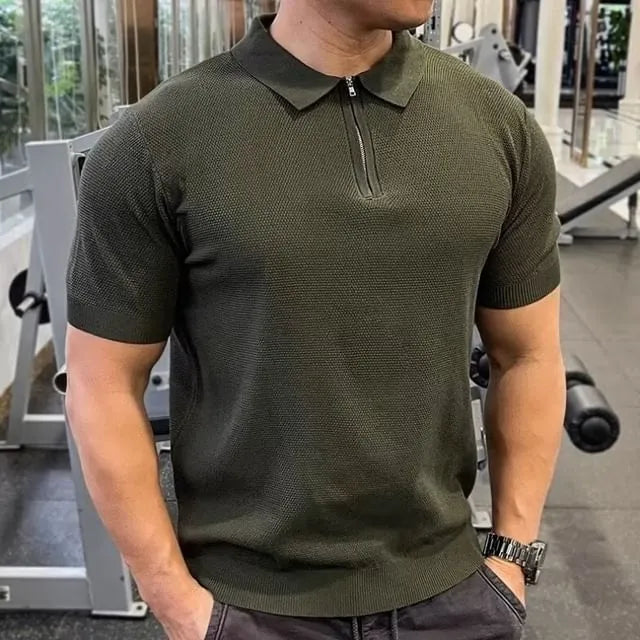 Short-Sleeve Plain Half Zip Polo Shirt