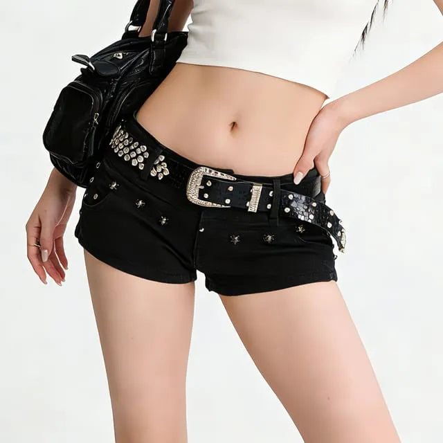 Low Rise Studded Denim Hot Pants