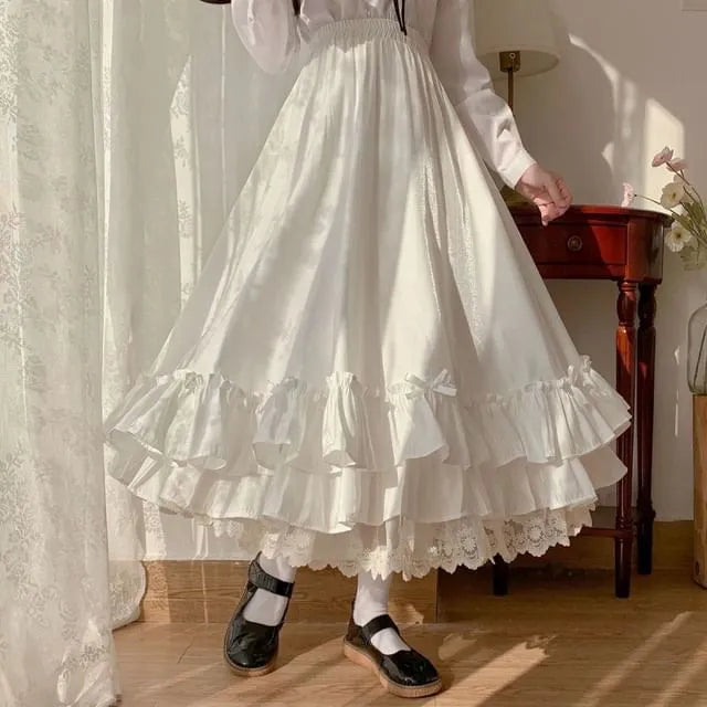 Elastic Waist Plain Bow Tiered Lace Trim Midi A-Line Skirt
