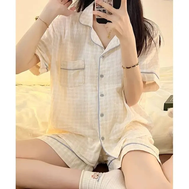 Pajama Set : Short-Sleeve Plaid Shirt + Shorts