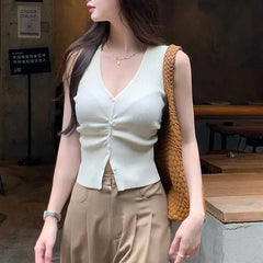 V-Neck Plain Ribbed Knit Tank Top