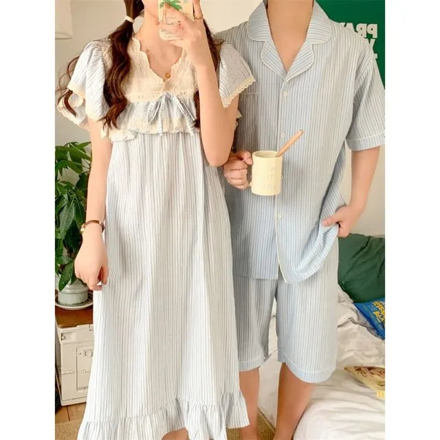 Couple Matching Short-Sleeve V-Neck Striped Lace Panel Midi Pajama Dress / Elbow-Sleeve Lapel Collar Button-Up Top / Shorts / Set