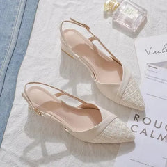 Pointed Toe Slingback Panel Tweed Block Heel Pumps