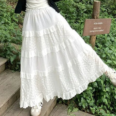 High Waist Plain Eyelet Lace Panel Tiered Maxi A-Line Skirt