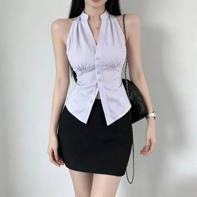 Sleeveless V-Neck Striped Button-Up Shirt / High Rise Mini Pencil Skirt