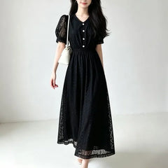 Puff-Sleeve Lace Midi A-Line Dress