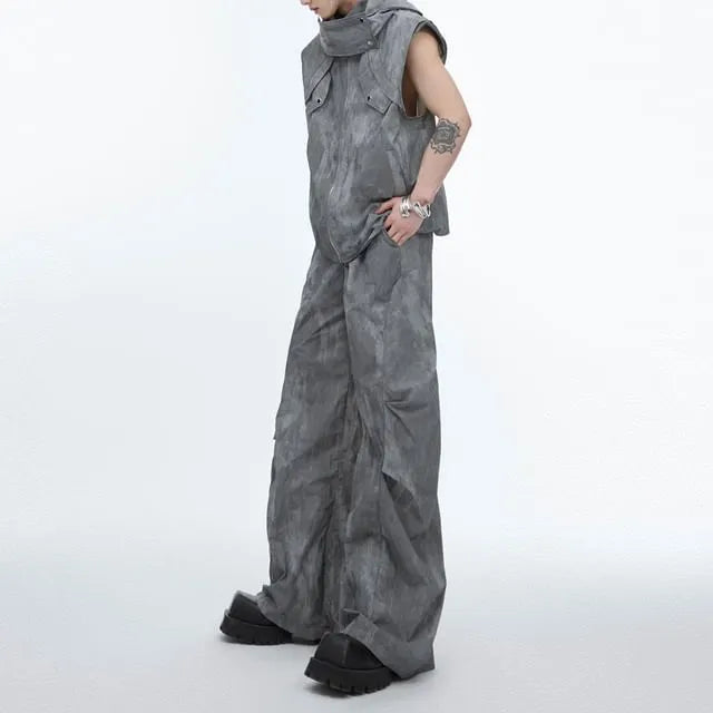 Hooded Zip Vest / High Waist Wide Leg Pants