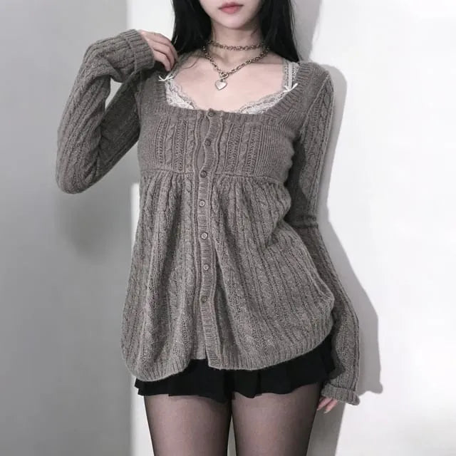 Long Sleeve Square-Neck Plain Cable-Knit Button-Up Loose-Fit Knit Top