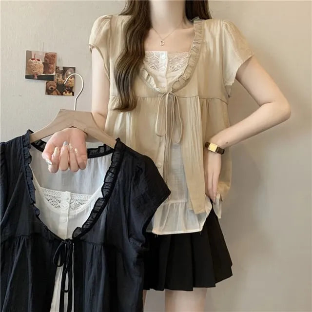 Short Sleeve Scoop Neck Mock-Two Piece Tie Front Layered Blouse
