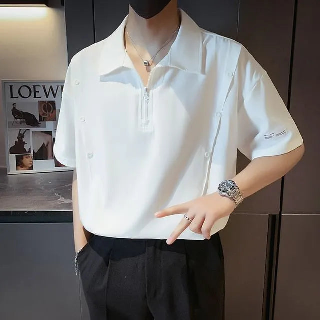 Short Sleeve Lapel Zipper Plain Loose Polo Shirt