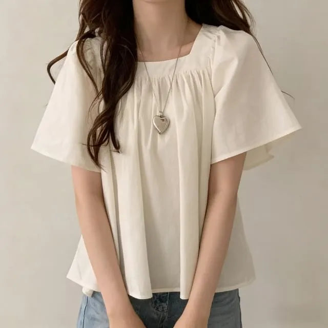 Short-Sleeve Square-Neck Plain Shirred Blouse