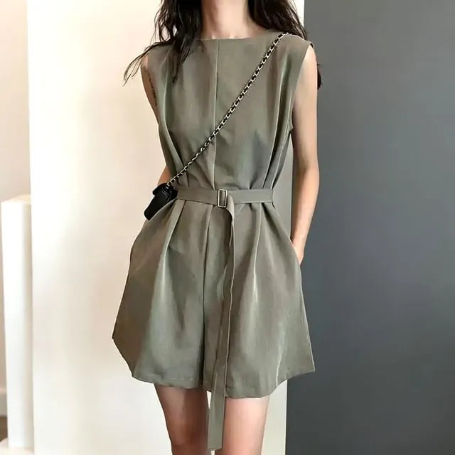 Sleeveless Round Neck Plain Belted Romper