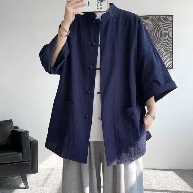 3/4-Sleeve Mandarin Collar Plain Frog Button Shirt