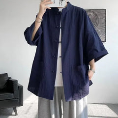 3/4-Sleeve Mandarin Collar Plain Frog Button Shirt