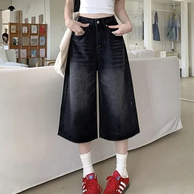 High Waist Washed Denim Jorts