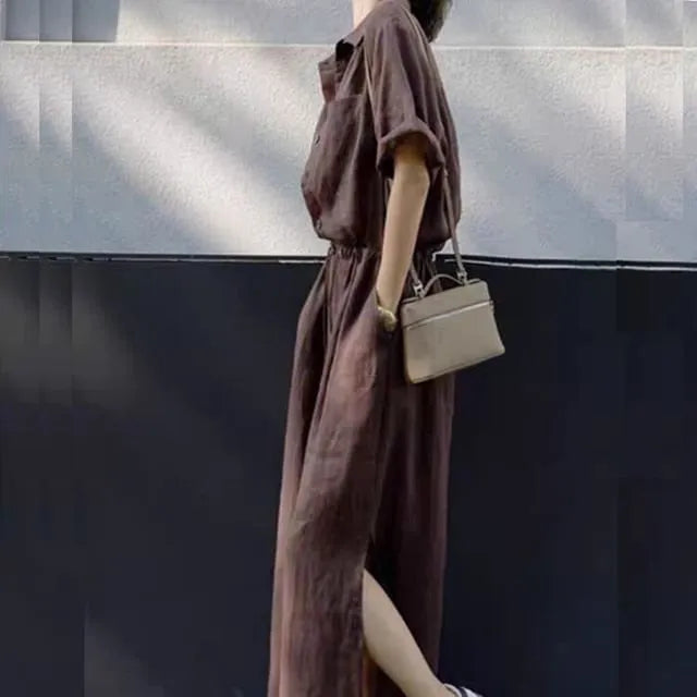 Short-Sleeve Linen Plain Maxi Shirt Dress