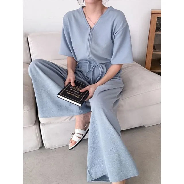 Short-Sleeve V-Neck Plain Jumpsuit