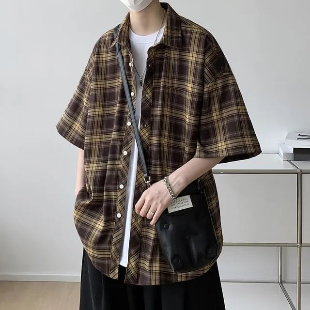 Elbow-Sleeve Plaid Shirt