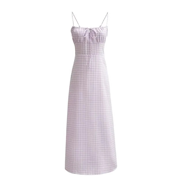 Spaghetti Strap Scoop Neck Gingham Tie Front Maxi A-Line Dress