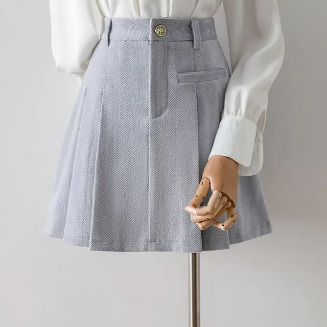 High Waist Plain Pleated Mini A-Line Skirt
