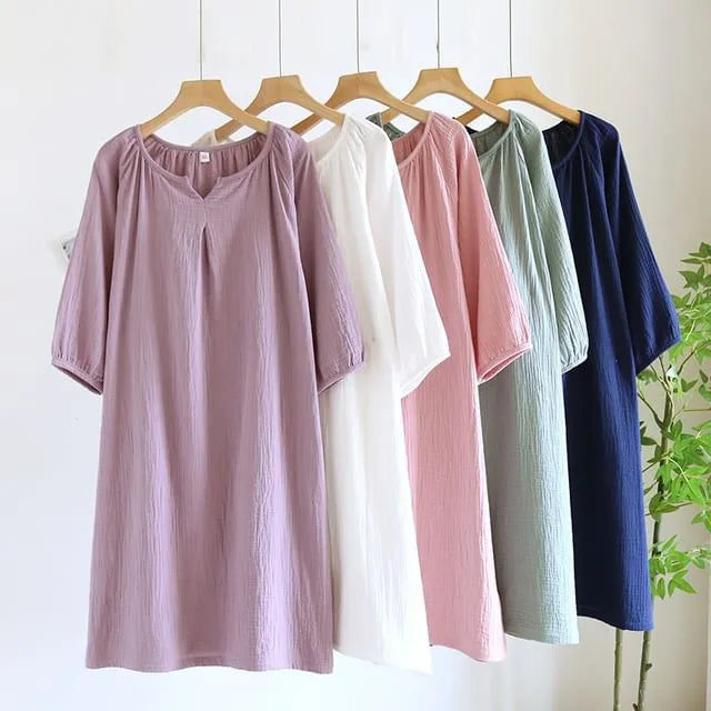Elbow-Sleeve Notch Neck Plain Pajama Dress