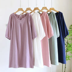 Elbow-Sleeve Notch Neck Plain Pajama Dress