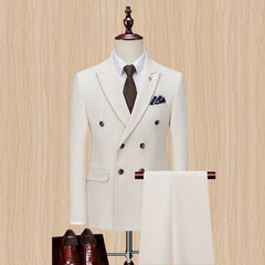 Set: Lapel Collar Plain Double Breasted Blazer + Mid Rise Plain Dress Pants + Collared Button Shirt