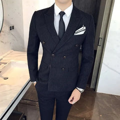 Set: Lapel Collar Pinstriped Double Breasted Blazer + Mid Rise Pinstriped Dress Pants + V-Neck Pinstriped Single Breasted Vest