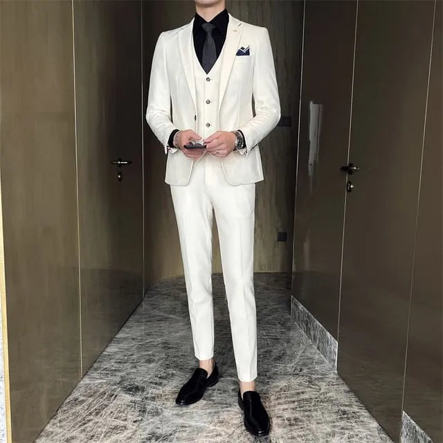 Set: Lapel Collar Plain Single Button Blazer + Mid Rise Plain Dress Pants + V-Neck Plain Single Breasted Vest