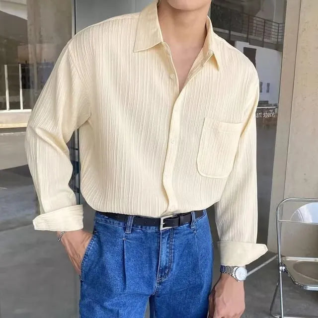 Long-Sleeve Plain Crinkle Button-Up Shirt