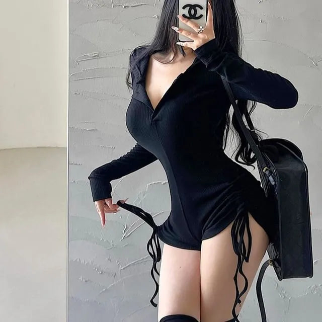 Long-Sleeve Plain Hooded Drawstring Romper