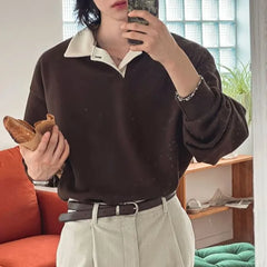 Unisex Long-Sleeve Two-Tone Loose-Fit Polo-Shirt