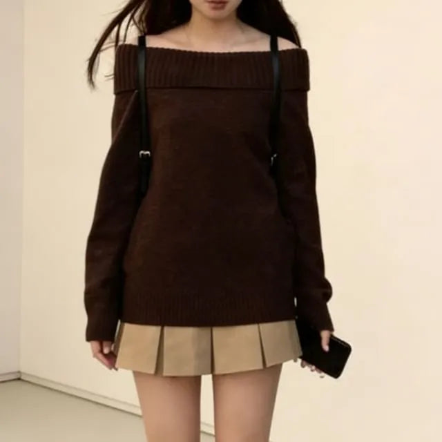 Long Sleeve Off-Shoulder Plain Loose-Fit Sweater