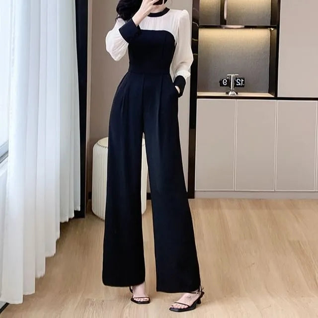 Long Sleeve Round Neck Two Tone Wide Leg Jumpsuit