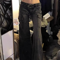 Low Waist Washed Bell Bottom Cargo Jeans