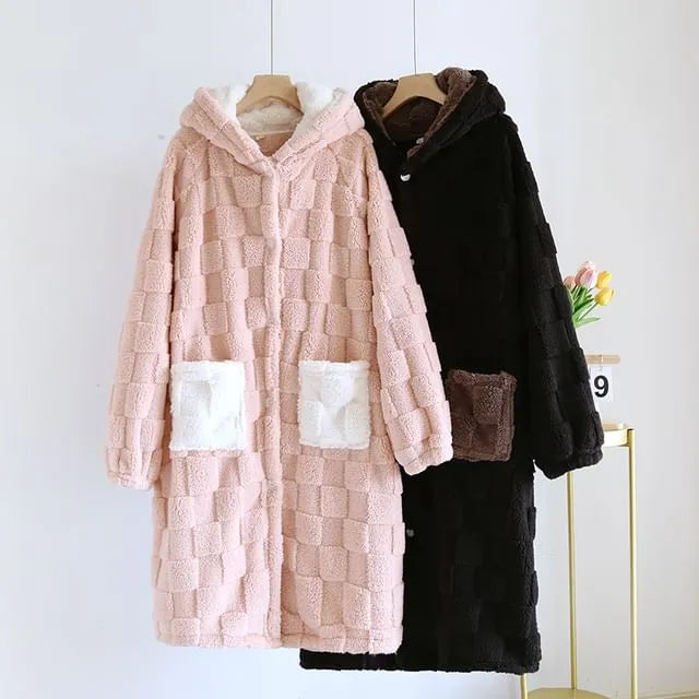 Couple Matching Checkered Hooded Flannel Button Robe