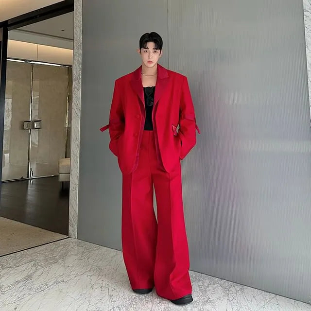 Set: Plain Sing-Breasted Blazer + High Waist Wide Leg Pants