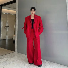 Set: Plain Sing-Breasted Blazer + High Waist Wide Leg Pants