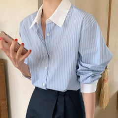 Long-Sleeve Striped Contrast Trim Button-Up Shirt