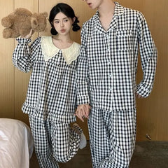 Couple Matching Long Sleeve Plaid Button Pajama Top / High Waist Straight Leg Pants / Pajama Dress / Set (Various Designs)
