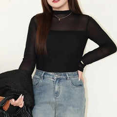 Plus Size Long-Sleeve Mock Neck Plain Mesh Panel Tee