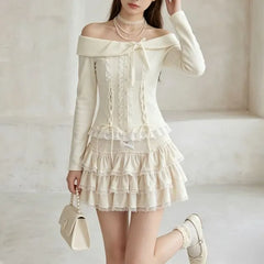 Set: Long Sleeve Off Shoulder Plain Bow Ruffle Lace Up Top + High Waist Tiered Mini A-Line Skirt