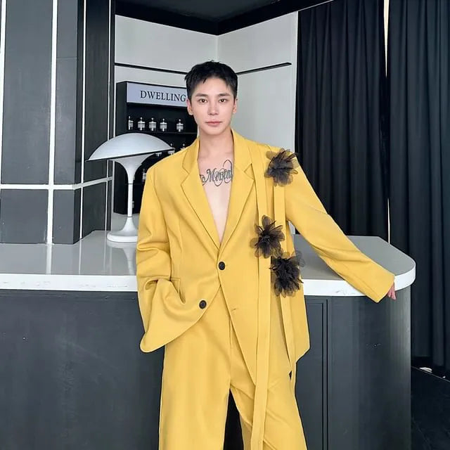Set: Lapel Collar Plain Single Breasted Blazer + Mid Rise Plain Wide Leg Pants