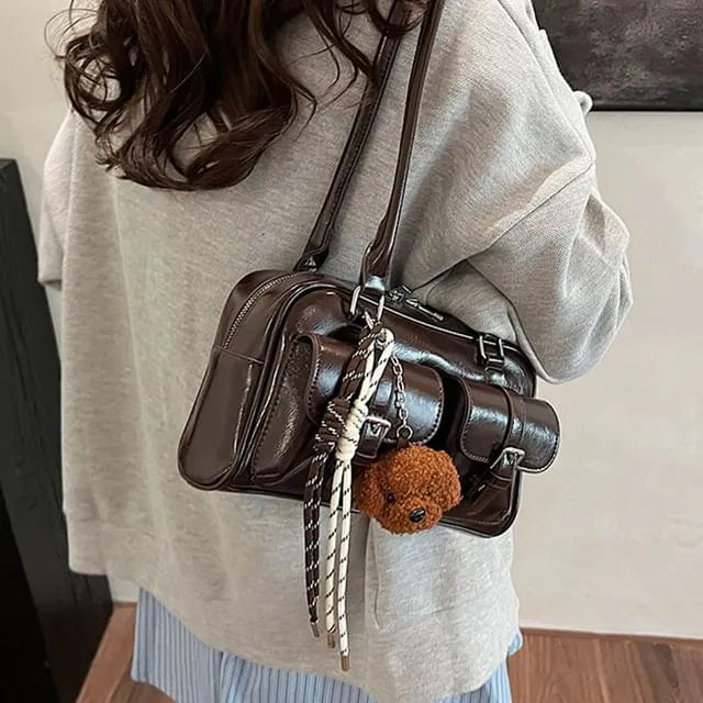 Multi-Pocket Faux Leather Bowling Tote Bag