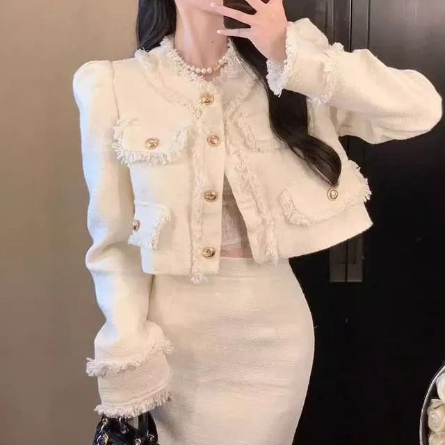 Set: Round Neck Plain Fringed Crop Button Jacket + High Rise Midi Pencil Skirt